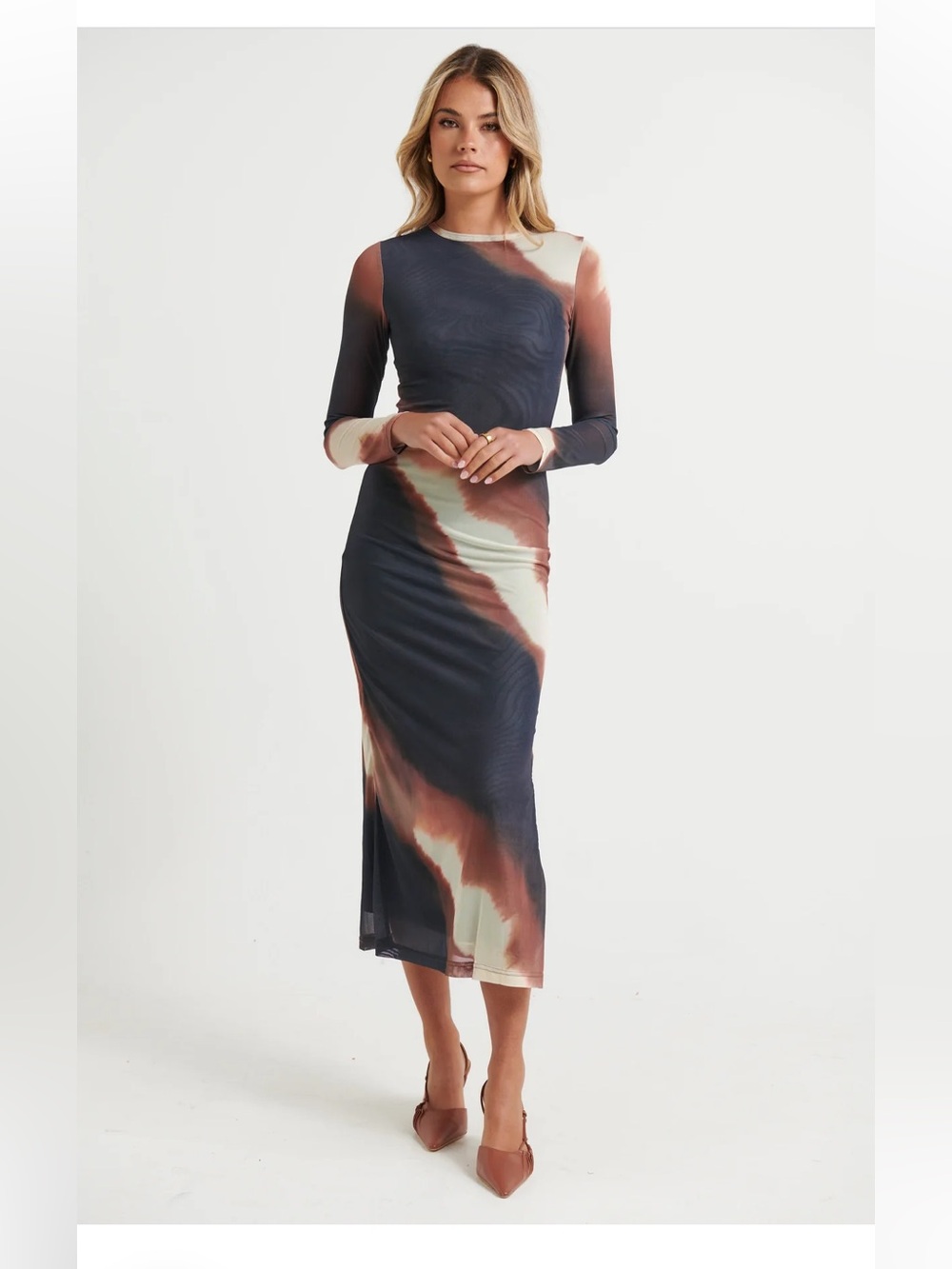 Tie-Dye Long-Sleeve Midi Dress in Brown & Cream